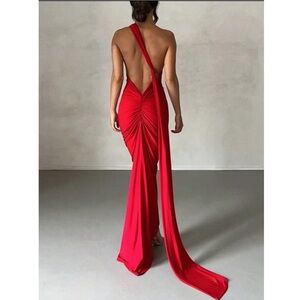 Red Maxi Long Sheath Dress One Shoulder Long Strap Ruched Back Open Back